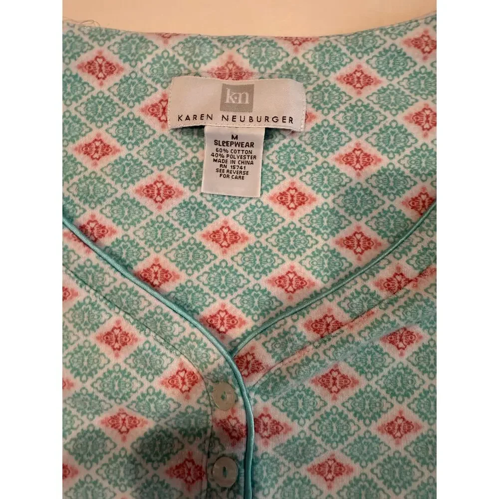 Karen Neuburger Sleep Shirt M Cotton Blend Geometric Gown, coastal grandma - Picture 2 of 5